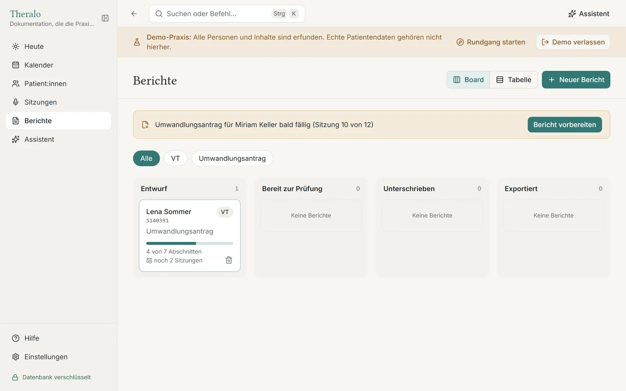 Theralo, Berichte als Board mit Fristen und dem Status „Bereit zur Prüfung“