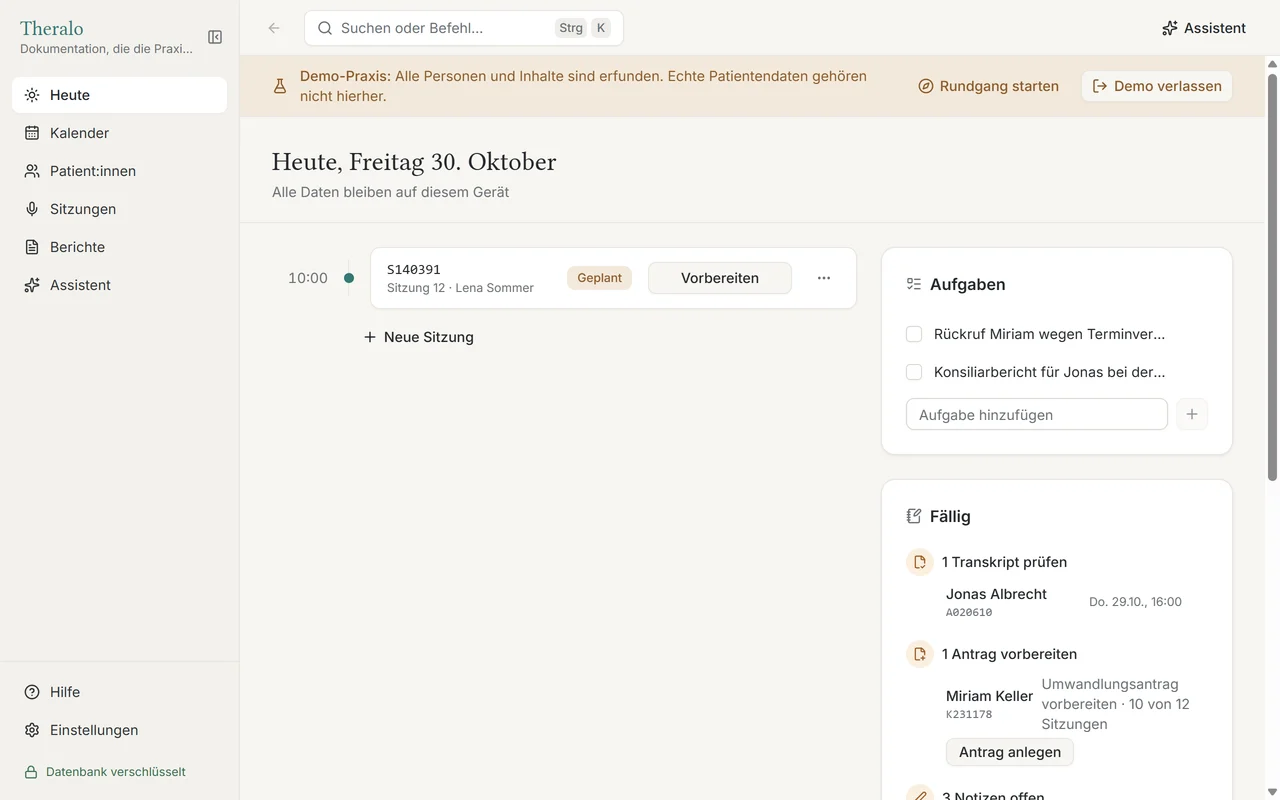 Theralo, Ansicht Heute: Termin um 10:00, Aufgaben und fällige Abschriften und Anträge