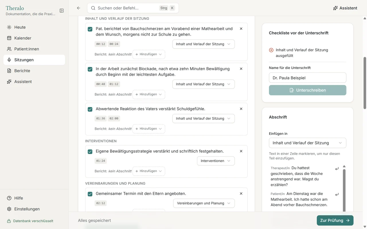 Theralo, Sitzungsnotiz mit KI-Vorschlägen, Zeitmarken und der Checkliste vor der Unterschrift